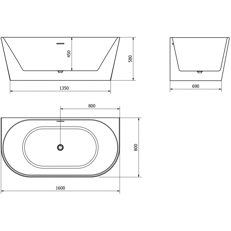 Mexen Oval free-standing back-to-wall bath 160 x 80 cm, white/black, brushed nickel overflow - 52671608075-97
