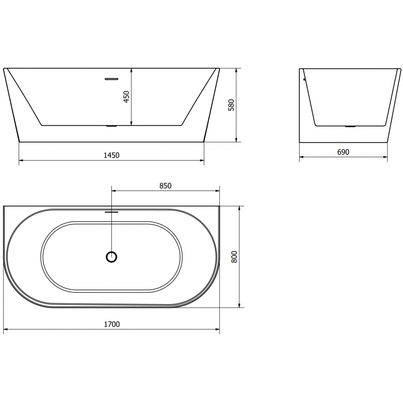 Mexen Oval freestanding wall bathtub 170 x 80 cm, white, gun metal overflow - 52671708000-95