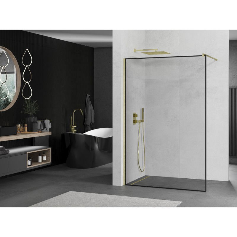 Mexen Kioto Walk-in Shower Wall 140 x 200 cm, Black Frame 8 mm, Brushed Gold - 800-140-101-55-70