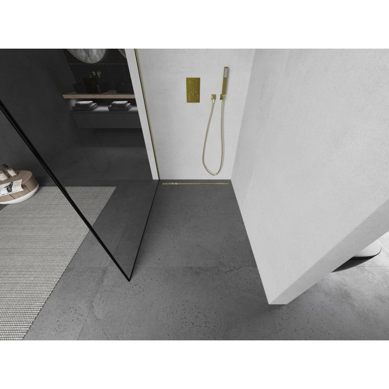 Mexen Kioto Walk-in Shower Wall 150 x 200 cm, Black Frame 8 mm, Brushed Gold - 800-150-101-55-70