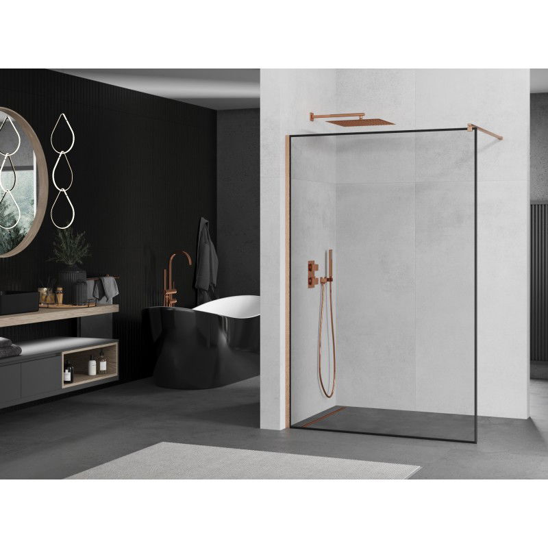 Mexen Kioto Walk-in Shower Wall 90 x 200 cm, Black Frame 8 mm, Brushed Copper - 800-090-101-65-70