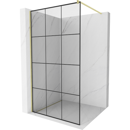 Mexen Kioto Walk-in shower wall 100 x 200 cm, black grid 8 mm, brushed gold - 800-100-101-55-77