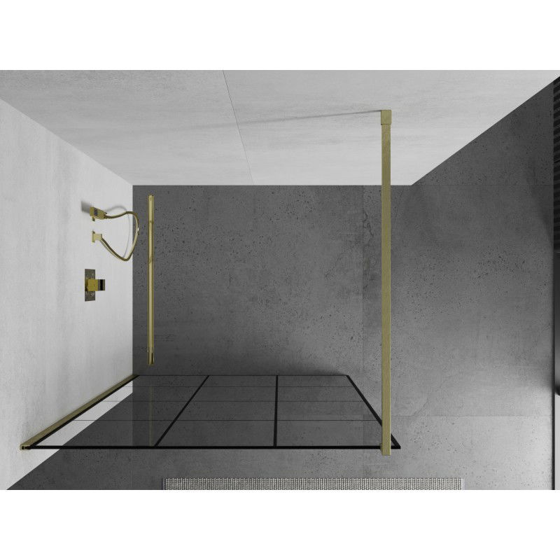 Mexen Kioto Walk-in shower wall 100 x 200 cm, black grid 8 mm, brushed gold - 800-100-101-55-77
