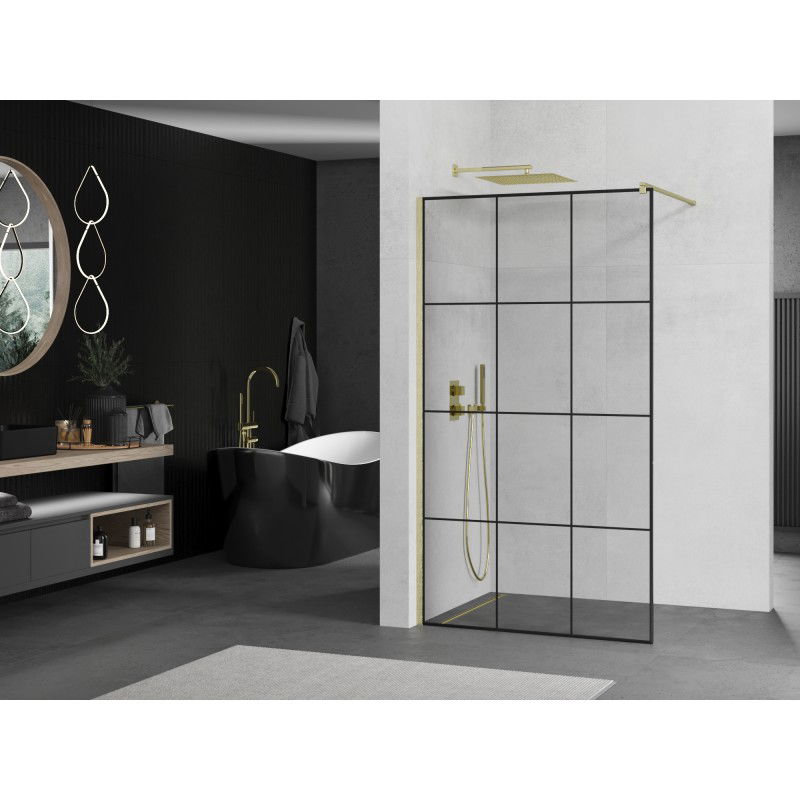 Mexen Kioto Walk-in shower wall 110 x 200 cm, black grid 8 mm, brushed gold - 800-110-101-55-77