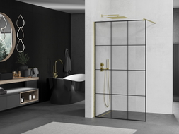 Mexen Kioto Walk-in shower wall 120 x 200 cm, black grid 8 mm, brushed gold - 800-120-101-55-77