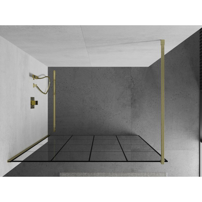 Mexen Kioto Walk-in Shower Screen 150 x 200 cm, Black Grid 8 mm, Brushed Gold - 800-150-101-55-77