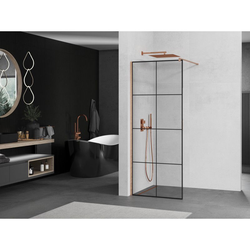 Mexen Kioto shower screen Walk-in 70 x 200 cm, black grid 8 mm, brushed copper - 800-070-101-65-77