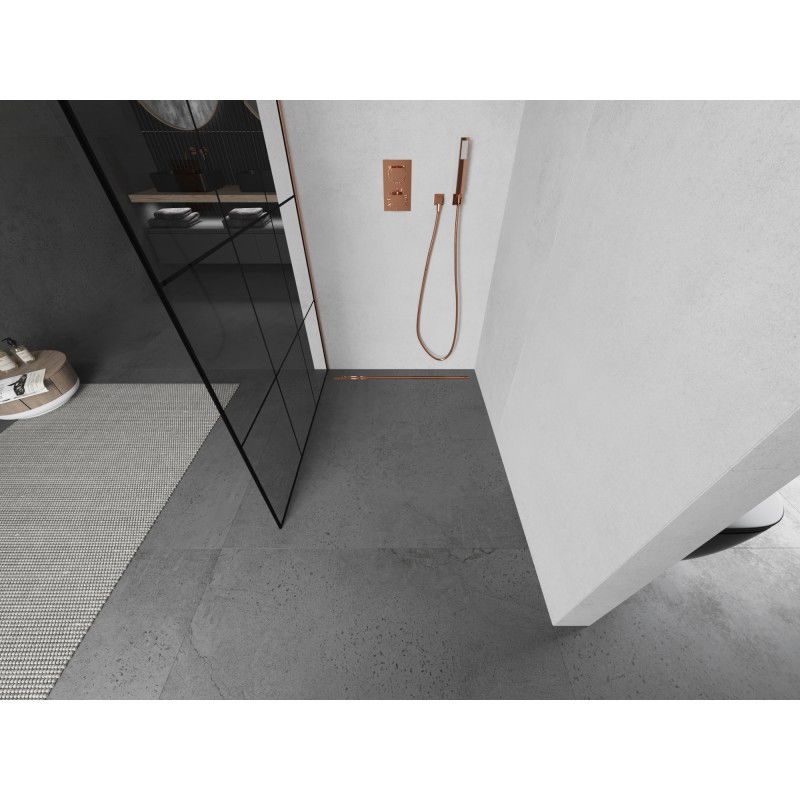 Mexen Kioto shower wall Walk-in 100 x 200 cm, black grid 8 mm, brushed copper - 800-100-101-65-77