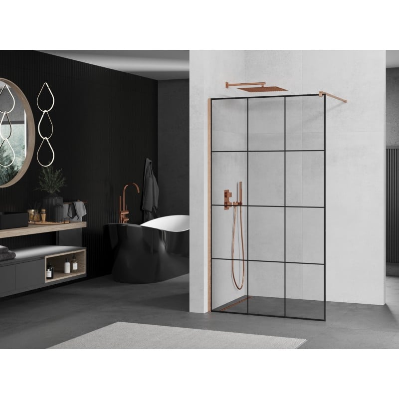 Mexen Kioto Walk-in Shower Wall 110 x 200 cm, Black Grid 8 mm, Brushed Copper - 800-110-101-65-77