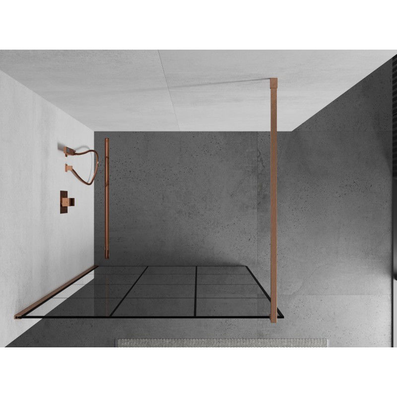 Mexen Kioto Walk-in Shower Wall 110 x 200 cm, Black Grid 8 mm, Brushed Copper - 800-110-101-65-77