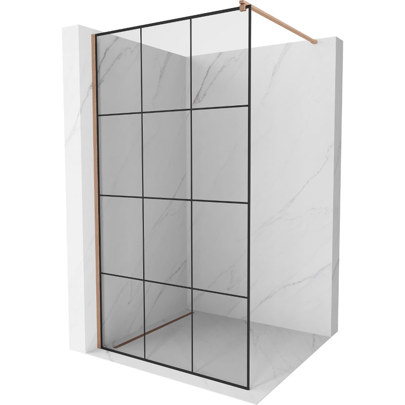 Mexen Kioto Walk-in Shower Wall 110 x 200 cm, Black Grid 8 mm, Brushed Copper - 800-110-101-65-77