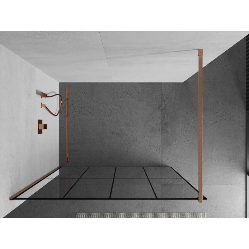 Mexen Kioto Walk-in Shower Wall 130 x 200 cm, Black Grid 8 mm, Brushed Copper - 800-130-101-65-77