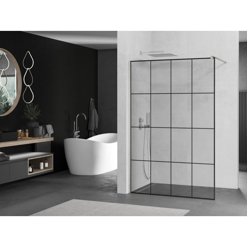 Mexen Kioto Walk-in Shower Wall 140 x 200 cm, Black Grid 8 mm, Brushed Nickel - 800-140-101-97-77