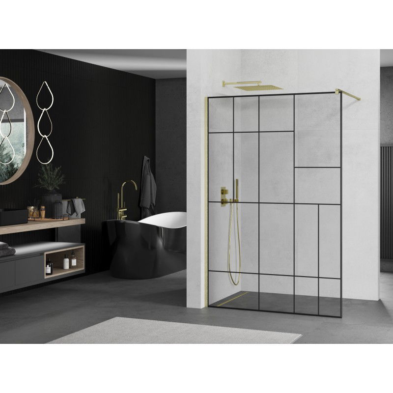 Mexen Kioto Walk-in Shower Screen 90 x 200 cm, Black Pattern 8 mm, Brushed Gold - 800-090-101-55-78