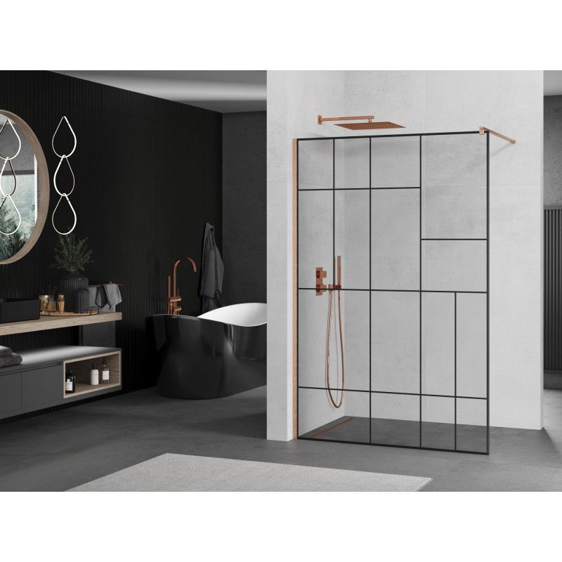 Mexen Kioto Walk-in Shower Screen 130 x 200 cm, Black Pattern 8 mm, Brushed Copper - 800-130-101-65-78