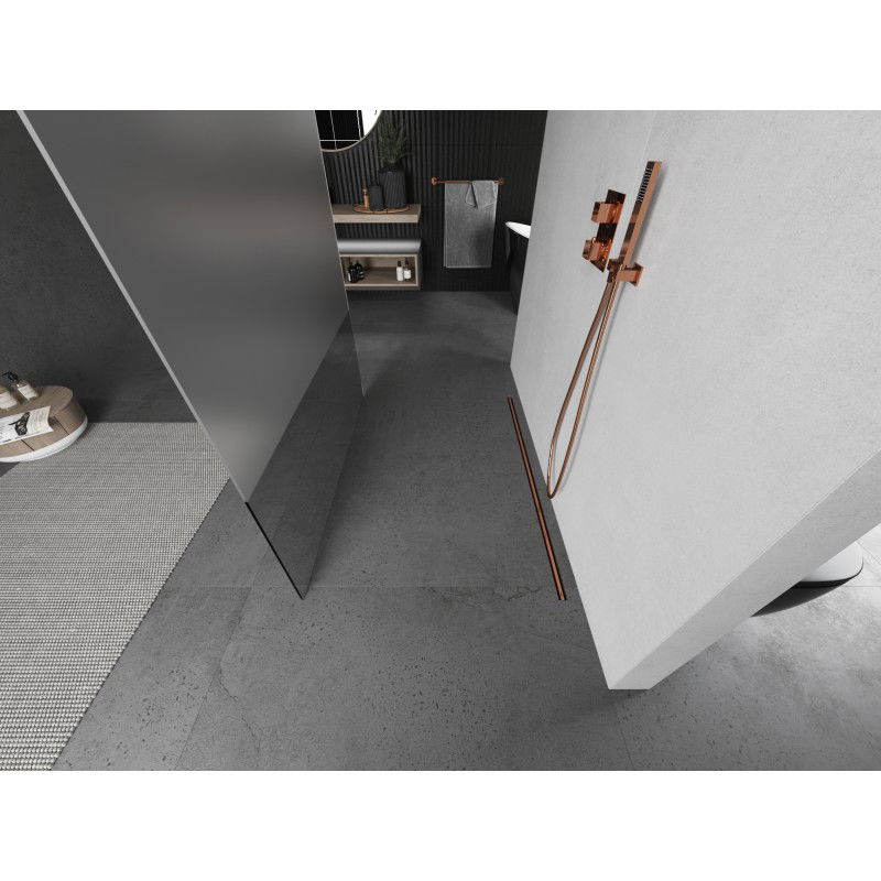 Mexen Kioto freestanding shower wall 130 x 200 cm, transparent/frosted 8 mm, brushed copper - 800-130-002-65-35