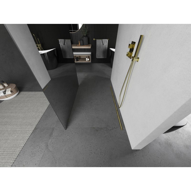 Mexen Kioto freestanding shower wall 130 x 200 cm, mirror 8 mm, brushed gold - 800-130-002-55-50