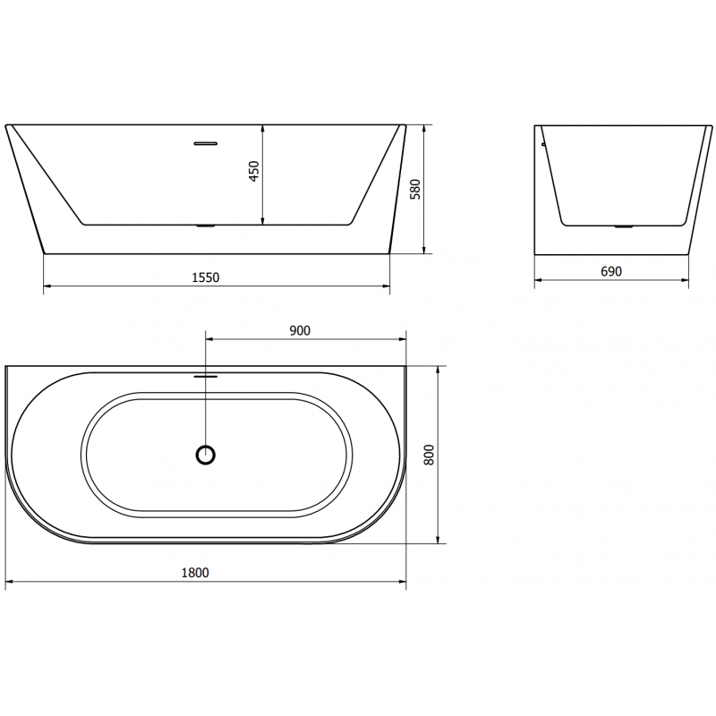 Mexen Oval freestanding wall-mounted bath 180 x 80 cm, white/black, gun metal overflow - 52671808075-95