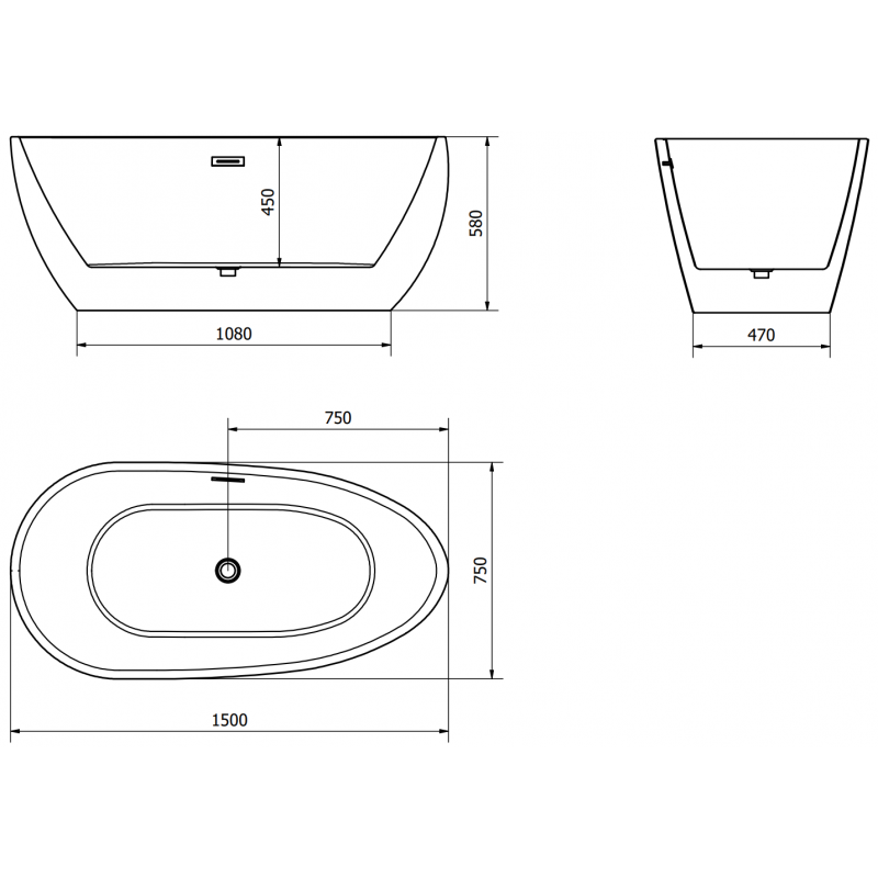 Mexen Eos freestanding bath 150 x 75 cm, white, gun metal overflow - 52471507500-95