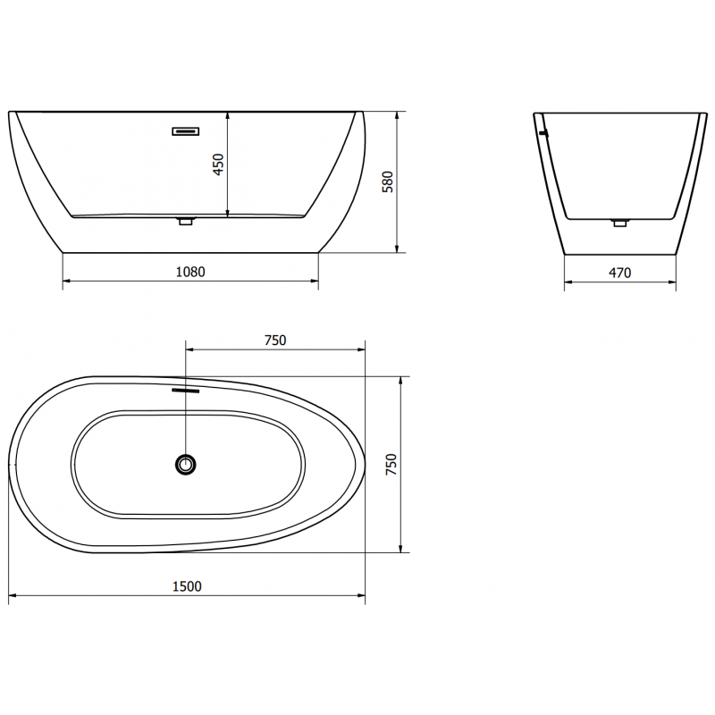Mexen Eos freestanding bath 150 x 75 cm, white/black, white overflow - 52471507575-20