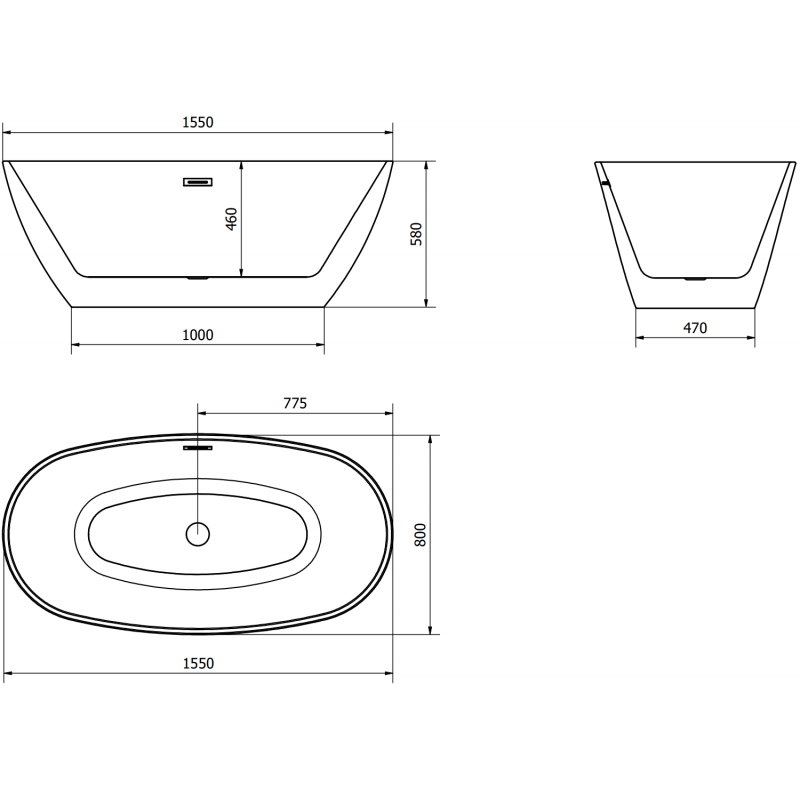 Mexen Eris freestanding bathtub 155 x 80 cm, white, black overflow - 53441558000-70