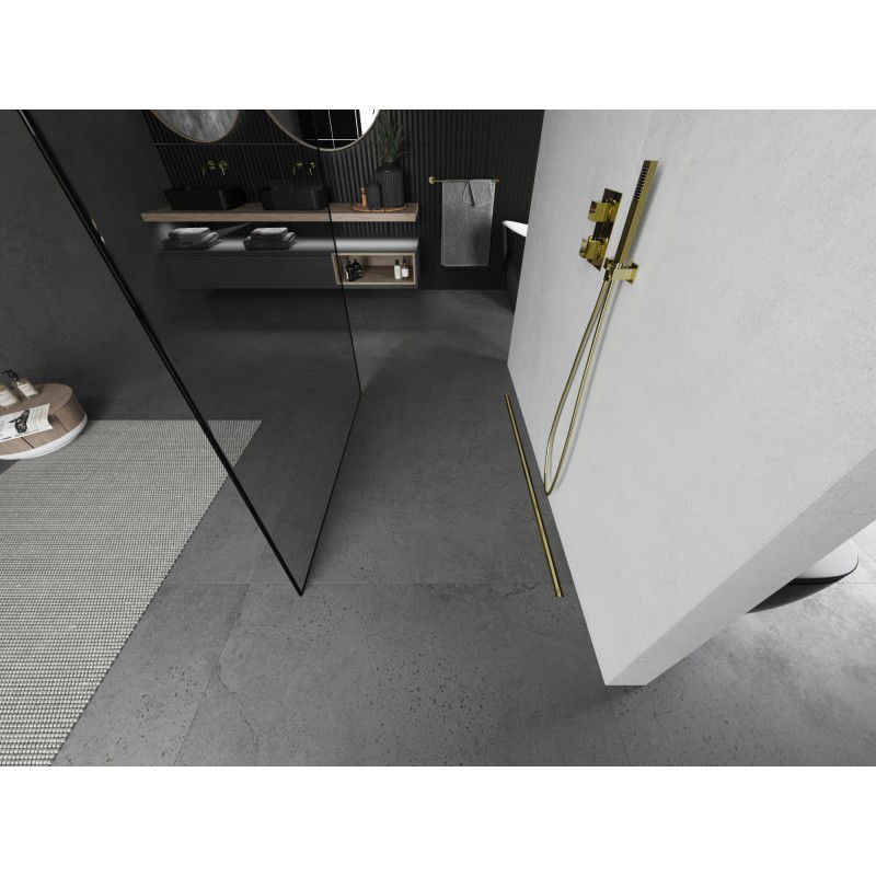 Mexen Kioto freestanding shower wall 110 x 200 cm, black frame 8 mm, brushed gold - 800-110-002-55-70