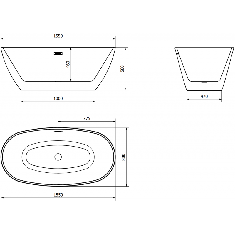 Mexen Eris freestanding bath 155 x 80 cm, white/black, gun metal overflow - 53441558075-95