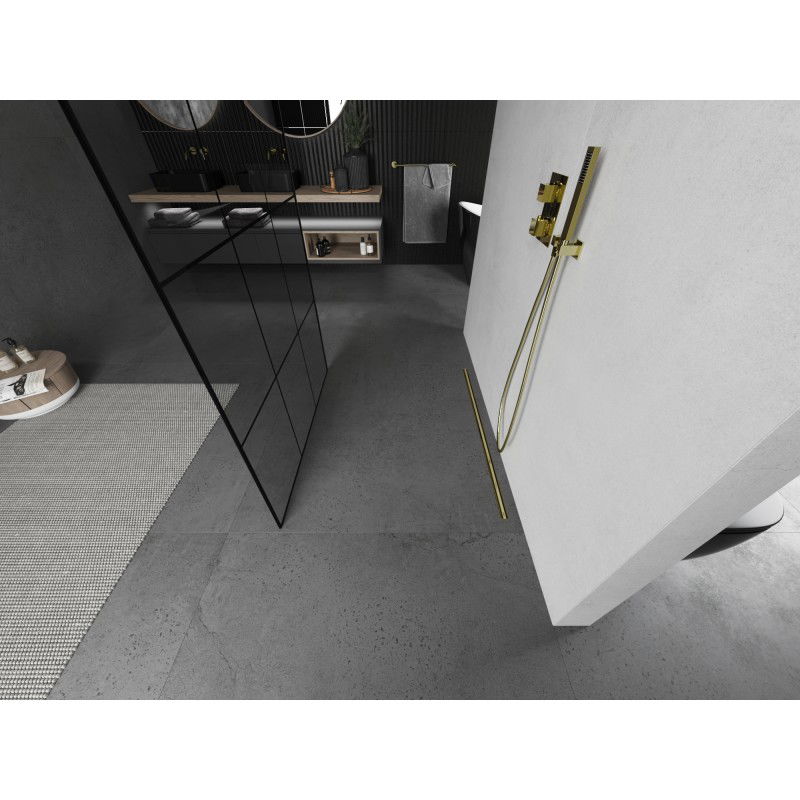 Mexen Kioto freestanding shower wall 100 x 200 cm, black grid 8 mm, brushed gold - 800-100-002-55-77