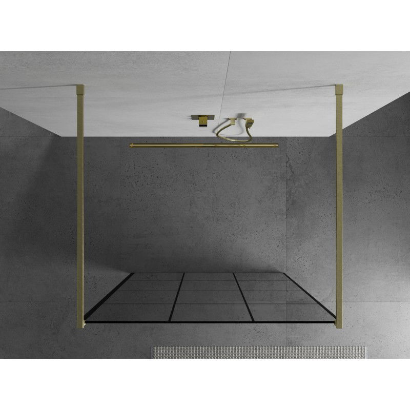 Mexen Kioto freestanding shower wall 110 x 200 cm, black grid 8 mm, brushed gold - 800-110-002-55-77
