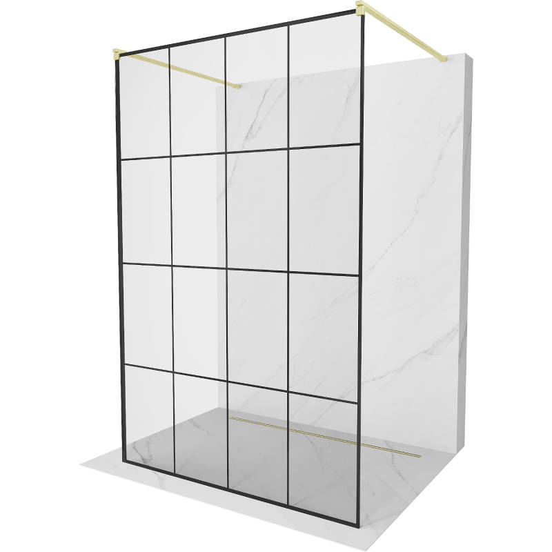 Mexen Kioto Freestanding shower screen 140 x 200 cm, black grid 8 mm, brushed gold - 800-140-002-55-77
