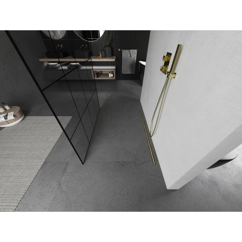 Mexen Kioto Freestanding shower screen 140 x 200 cm, black grid 8 mm, brushed gold - 800-140-002-55-77