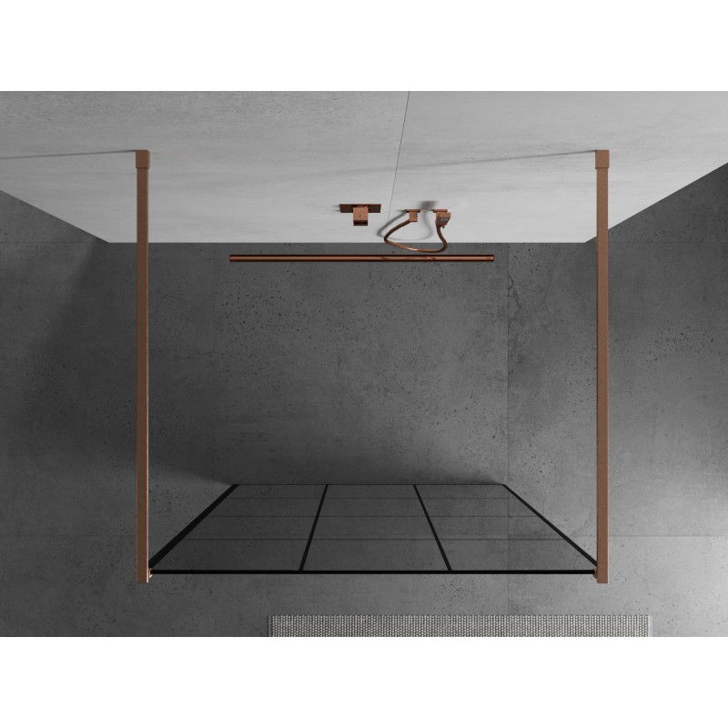 Mexen Kioto freestanding shower wall 110 x 200 cm, black grid 8 mm, brushed copper - 800-110-002-65-77