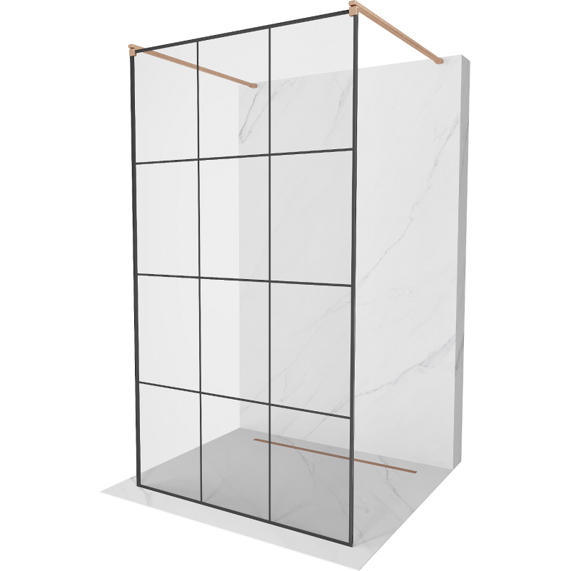 Mexen Kioto freestanding shower wall 110 x 200 cm, black grid 8 mm, brushed copper - 800-110-002-65-77