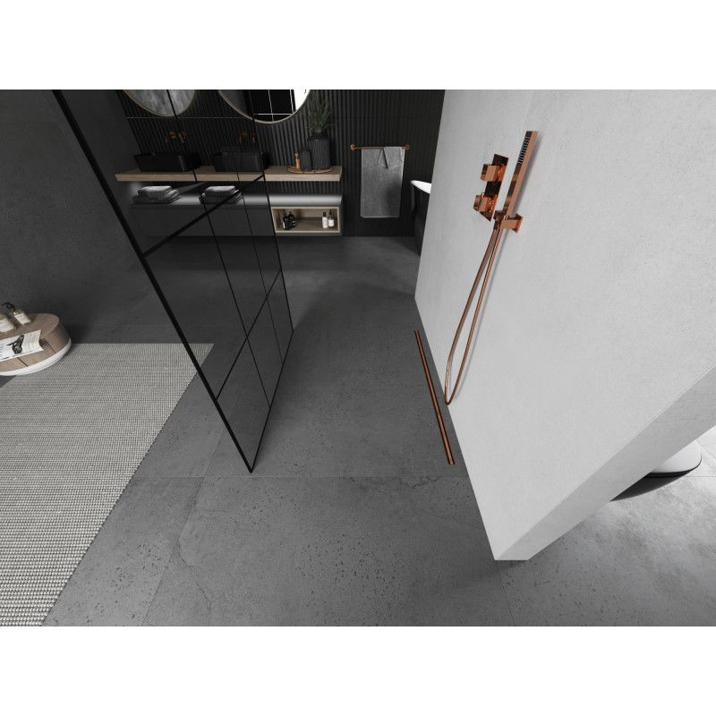 Mexen Kioto freestanding shower wall 120 x 200 cm, black grid 8 mm, brushed copper - 800-120-002-65-77