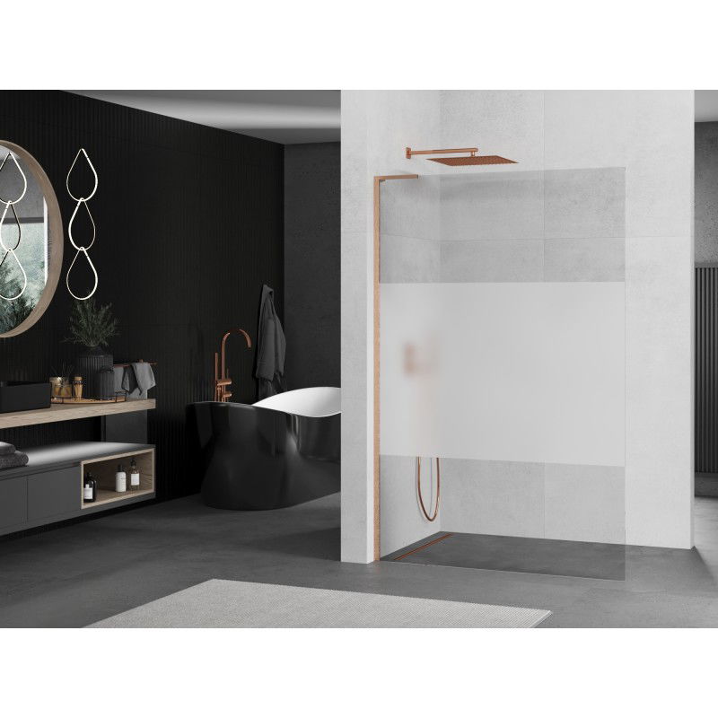 Mexen Kioto L Walk-in Shower Panel 80 x 200 cm, Transparent/Frosted, Brushed Copper - 800-080-103-65-35