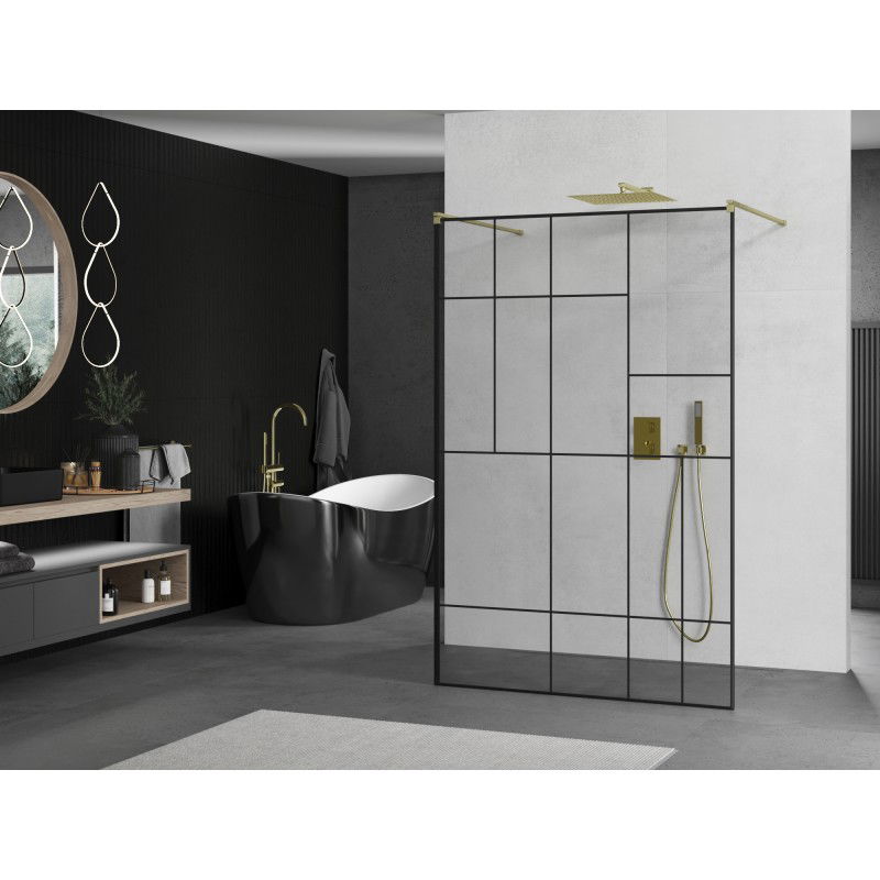 Mexen Kioto freestanding shower wall 110 x 200 cm, black pattern 8 mm, brushed gold - 800-110-002-55-78