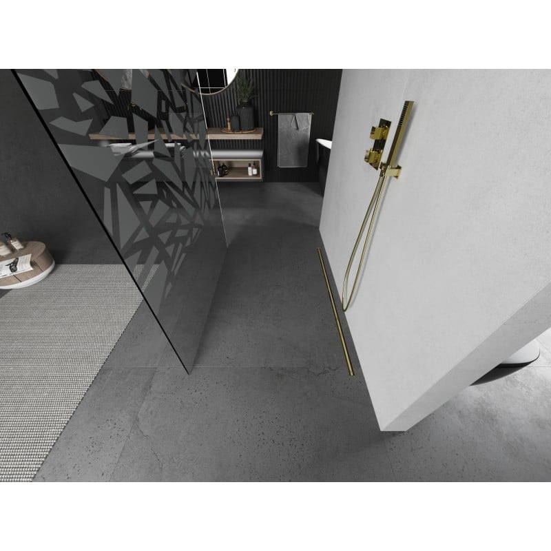 Mexen Kioto freestanding shower wall 140 x 200 cm, white pattern 8 mm, brushed gold - 800-140-002-55-85