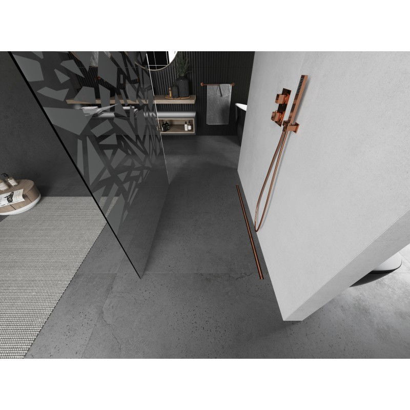 Mexen Kioto freestanding shower wall 110 x 200 cm, white pattern 8 mm, brushed copper - 800-110-002-65-85