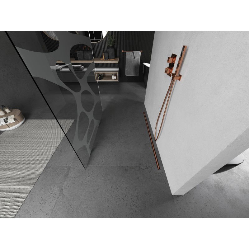 Mexen Kioto freestanding shower wall 110 x 200 cm, white wave 8 mm, brushed copper - 800-110-002-65-97