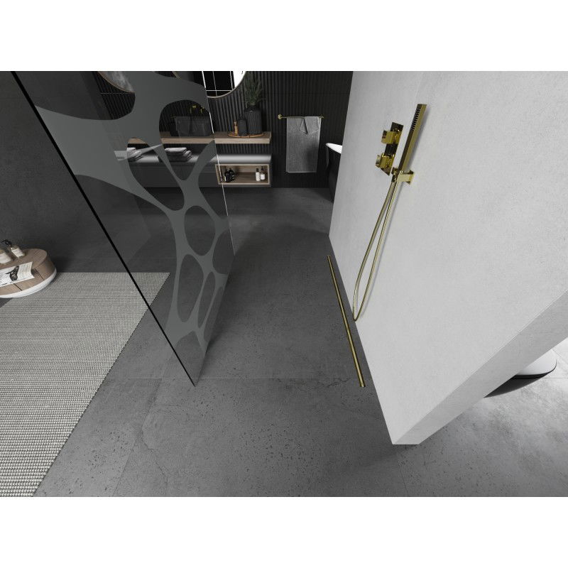 Mexen Kioto freestanding shower wall 140 x 200 cm, white wave 8 mm, brushed gold - 800-140-002-55-97