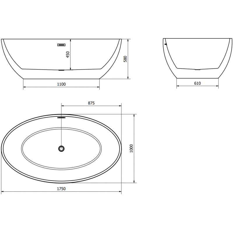 Mexen Nike freestanding bath 175 x 100 cm, white/black, brushed gun gray overflow - 54071751075-66