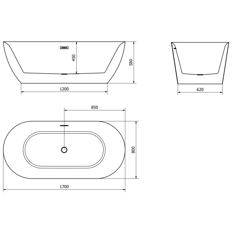 Mexen Roxy freestanding bathtub 170 x 80 cm, white/black, gun metal overflow - 51201708075-95