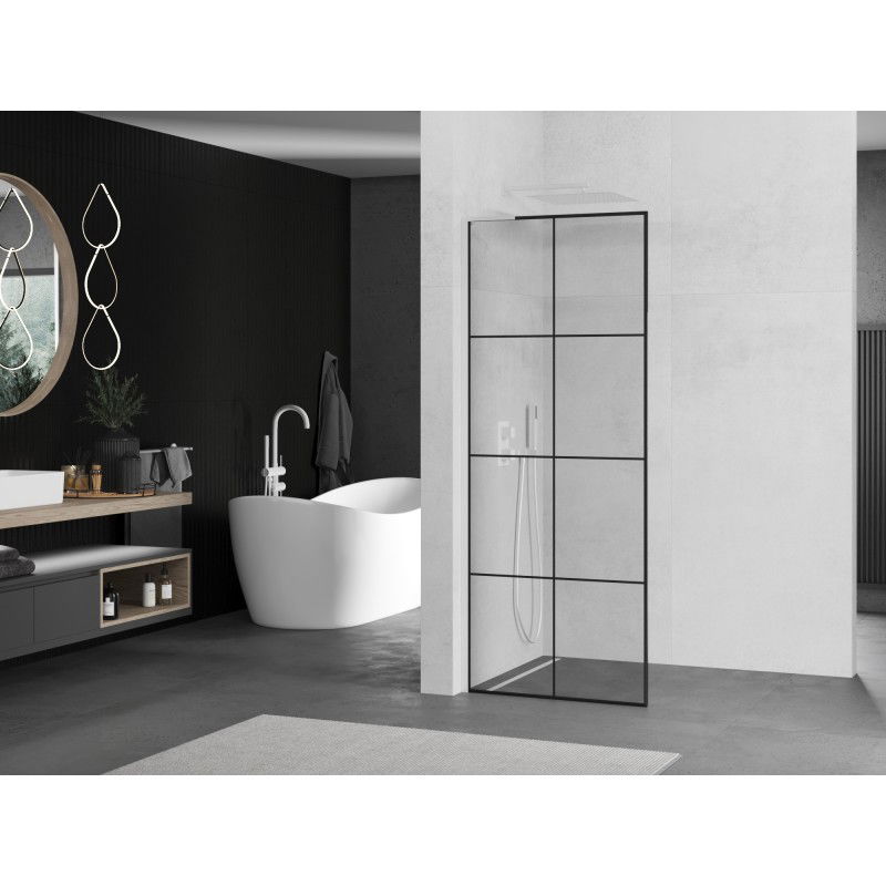 Mexen Kioto L Walk-in Shower Wall 70 x 200 cm, Black Grid, White - 800-070-103-20-77