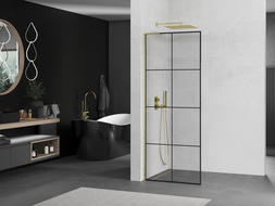 Mexen Kioto L Walk-in Shower Wall 90 x 200 cm, Black Grid, Brushed Gold - 800-090-103-55-77