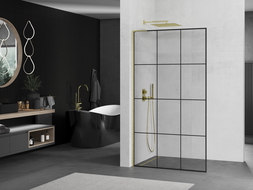 Mexen Kioto L Walk-in Shower Wall 100 x 200 cm, black grid, brushed gold - 800-100-103-55-77