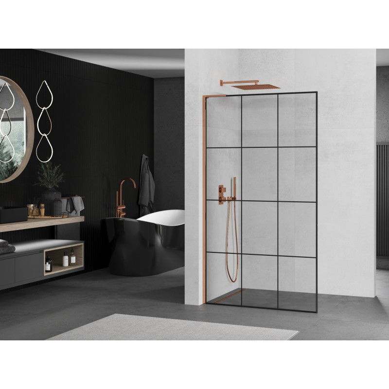 Mexen Kioto L Shower Wall Walk-in 100 x 200 cm, black grid, rose gold - 800-100-103-60-77