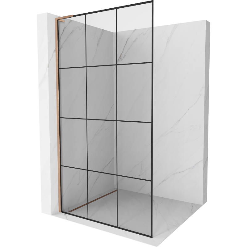 Mexen Kioto L shower panel Walk-in 110 x 200 cm, black grid, brushed copper - 800-110-103-65-77