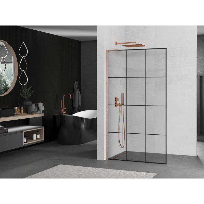 Mexen Kioto L shower panel Walk-in 110 x 200 cm, black grid, brushed copper - 800-110-103-65-77