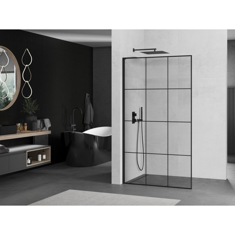 Mexen Kioto L Walk-in Shower Wall 120 x 200 cm, Black Grid, Black - 800-120-103-70-77
