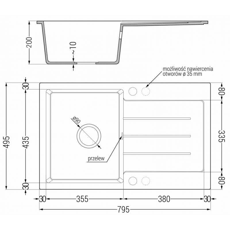 Mexen Bruno granite sink 1-bowl with drainer 795 x 495 mm, white, chrome siphon - 6513791010-20